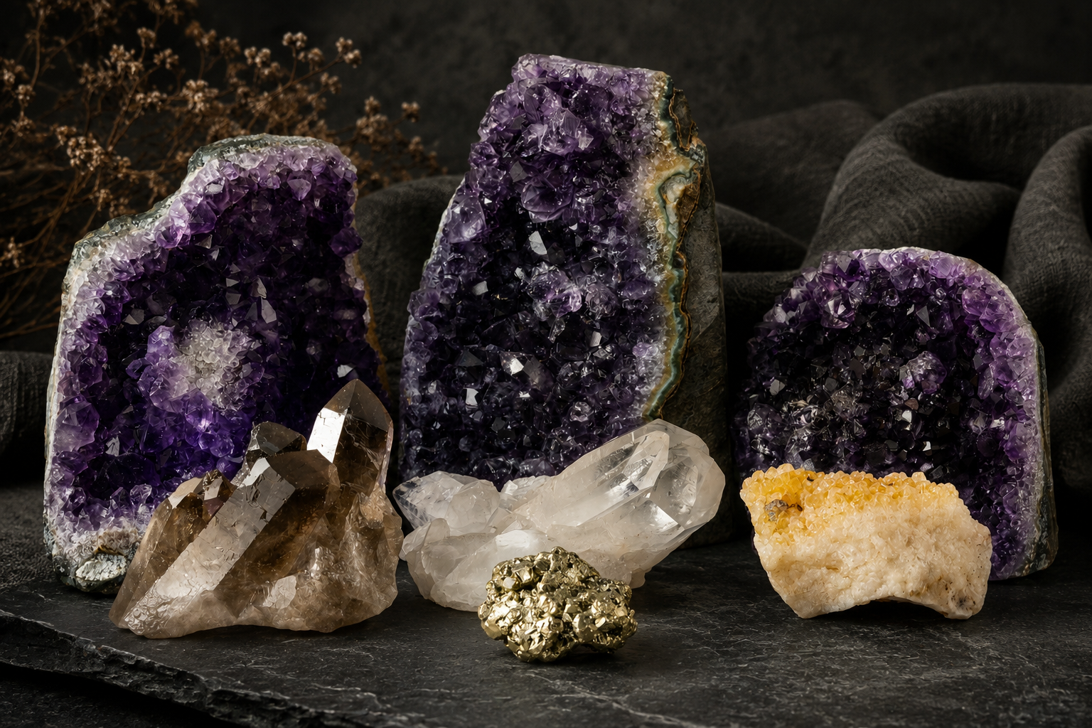 Amethyst crystal clusters displayed with quartz points and pyrite mineral specimens