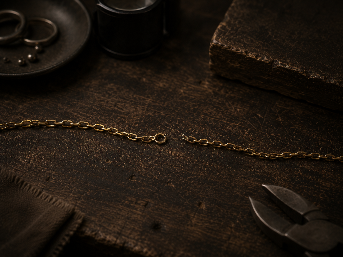 Broken vintage gold chain awaiting jewellery repair and restoration on a dark wood jewellers bench