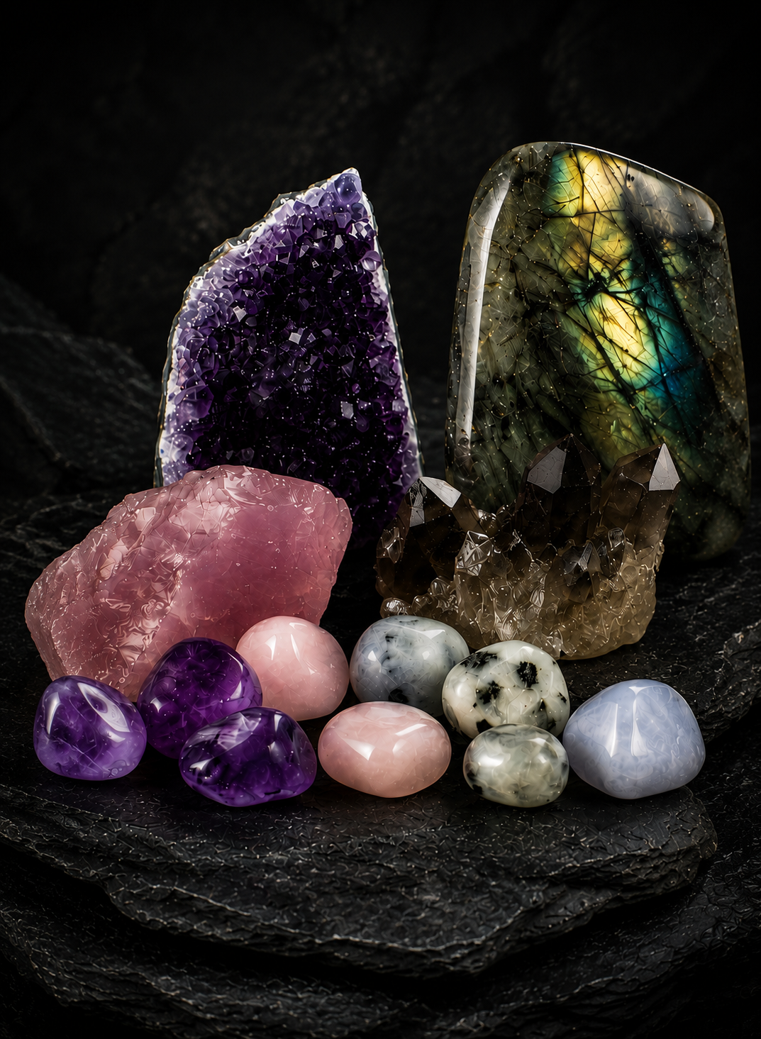 Natural crystal collection featuring amethyst, quartz, rose quartz and labradorite specimens