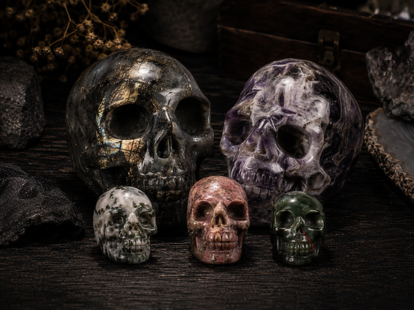 Collection of hand-carved crystal skulls in various natural gemstones displayed on a dark wooden surface