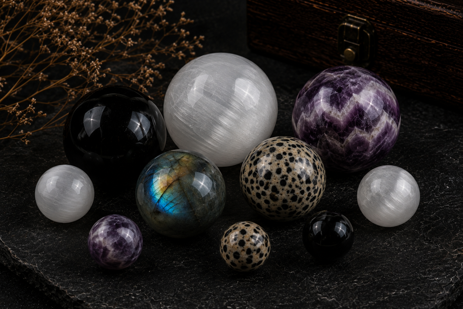 Polished crystal spheres including labradorite, amethyst, selenite and obsidian