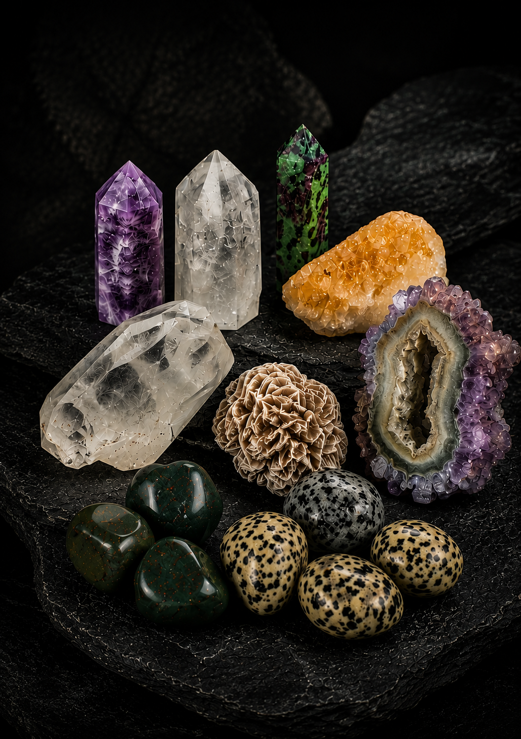 Selection of crystal towers, geodes and mineral specimens displayed on dark stone