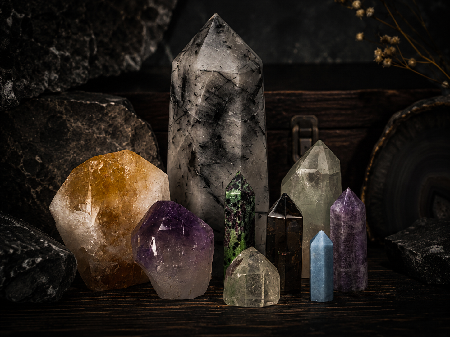 Natural crystal towers and polished mineral points displayed on dark stone