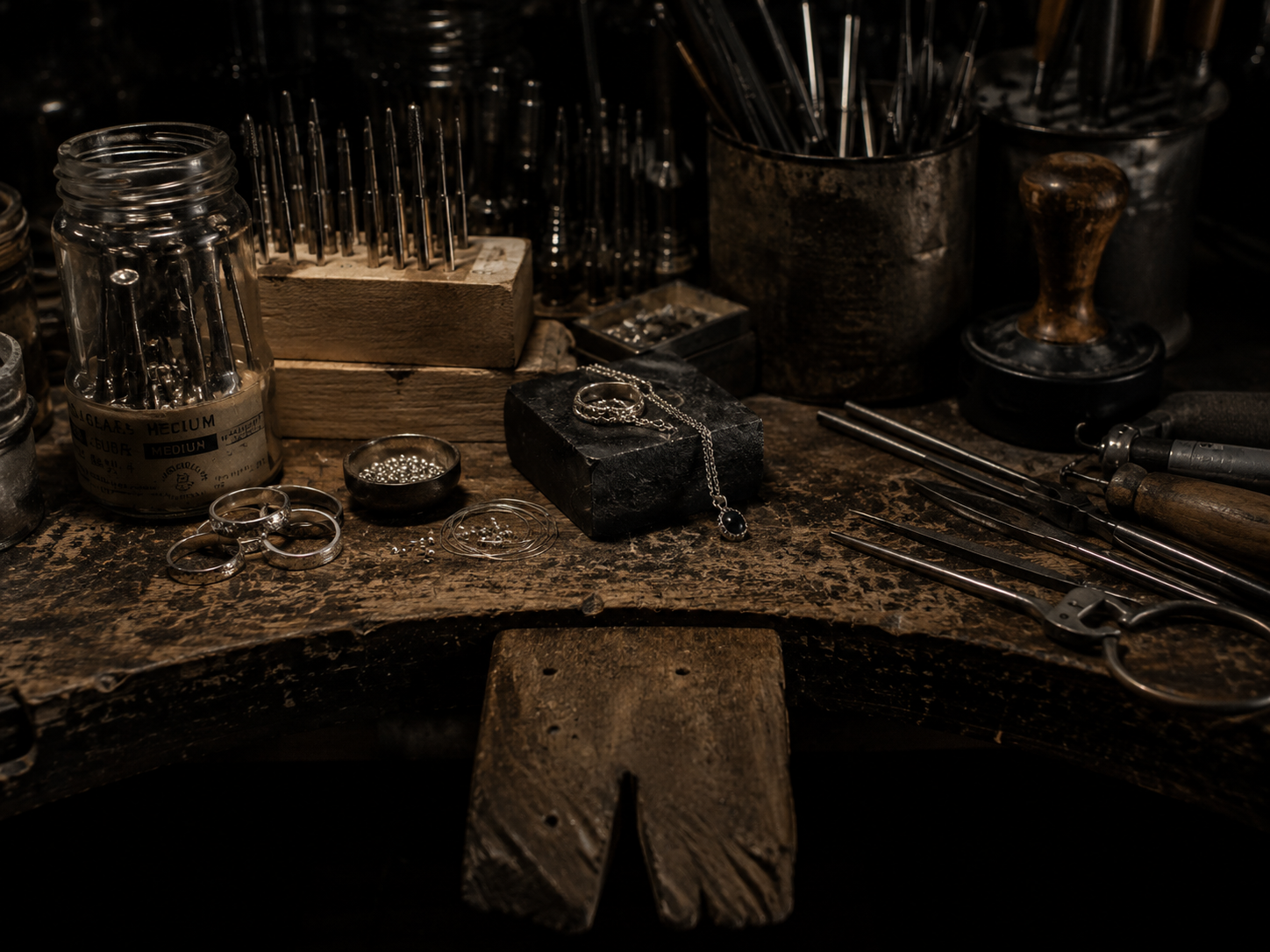 Traditional jeweller's workbench with tools used for jewellery repairs and restoration