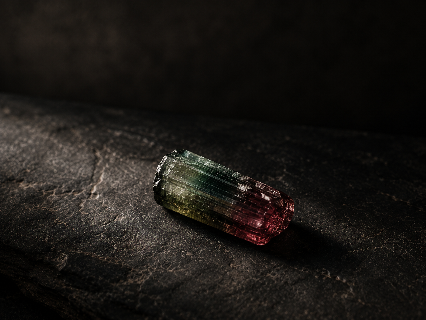 Natural gemstone and mineral specimens selected for quality, origin and character. Rough Watermelon Tourmaline specimen on dark stone background