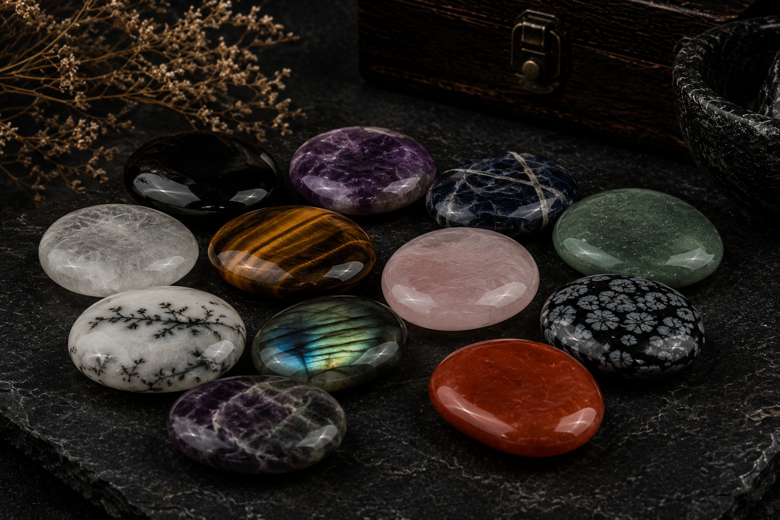 Collection of polished crystal palm stones including rose quartz, labradorite, tiger eye and amethyst