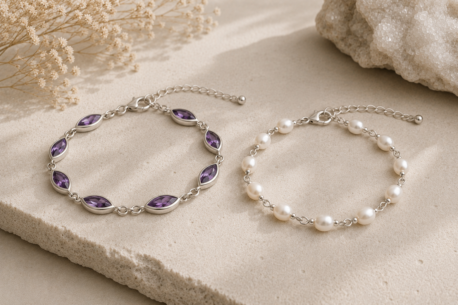 Sterling silver amethyst marquise bracelet and freshwater pearl bracelet displayed on natural stone