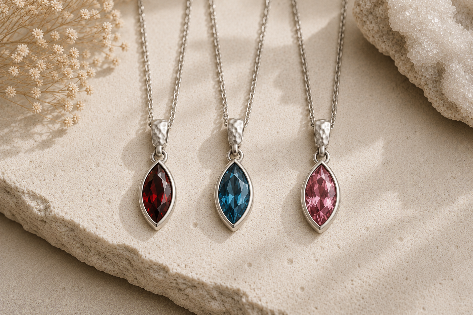 Sterling silver pendants featuring garnet, blue topaz and pink gemstone designs surface.