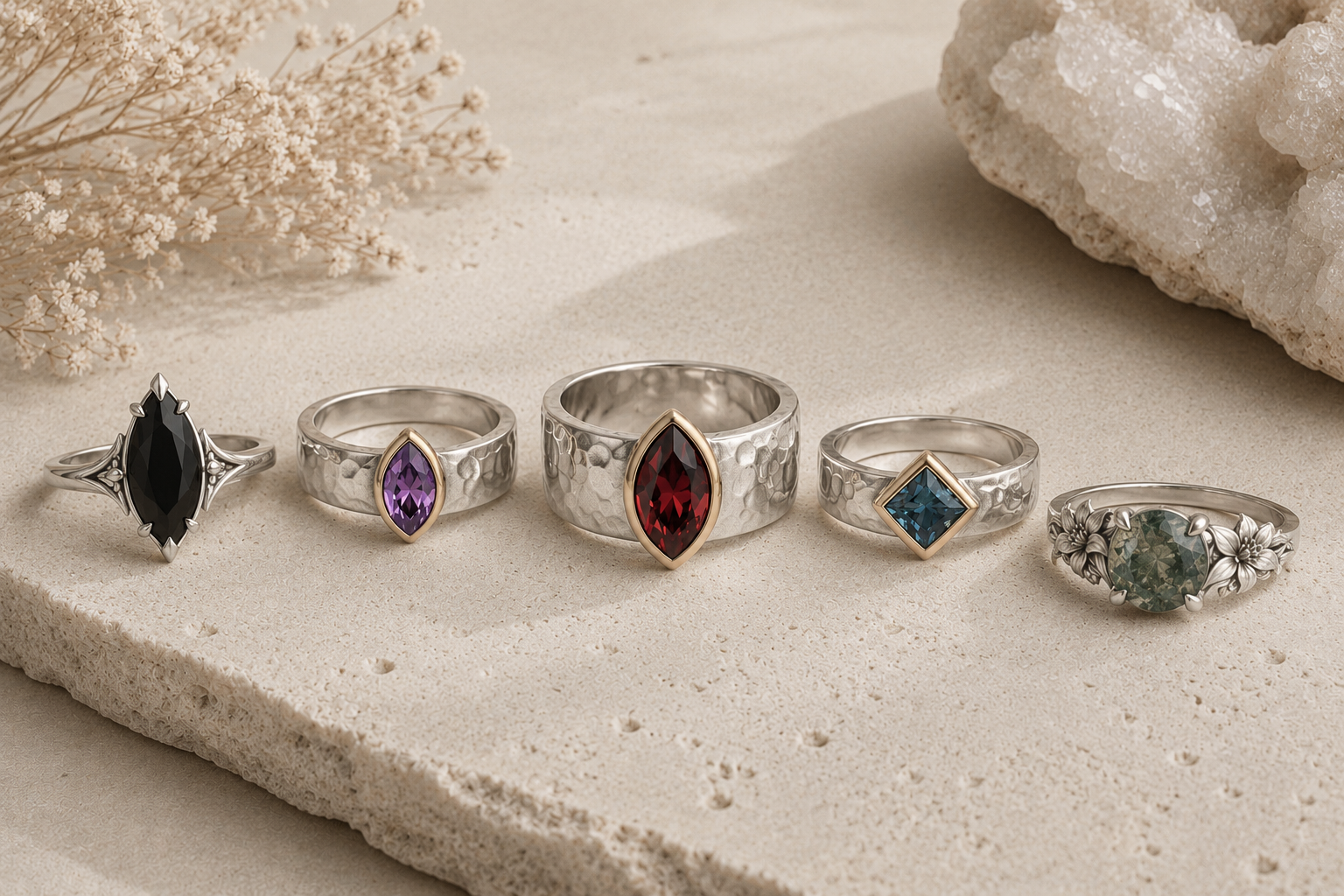 Collection of handcrafted sterling silver gemstone rings featuring natural stones and textured finishes
