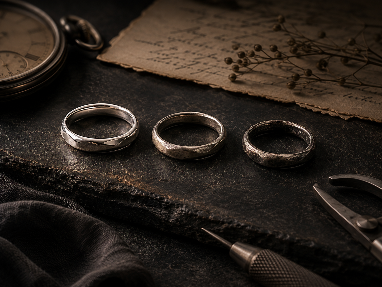Sterling silver rings showing stages of wear and longevity over time, on a dark background with tools