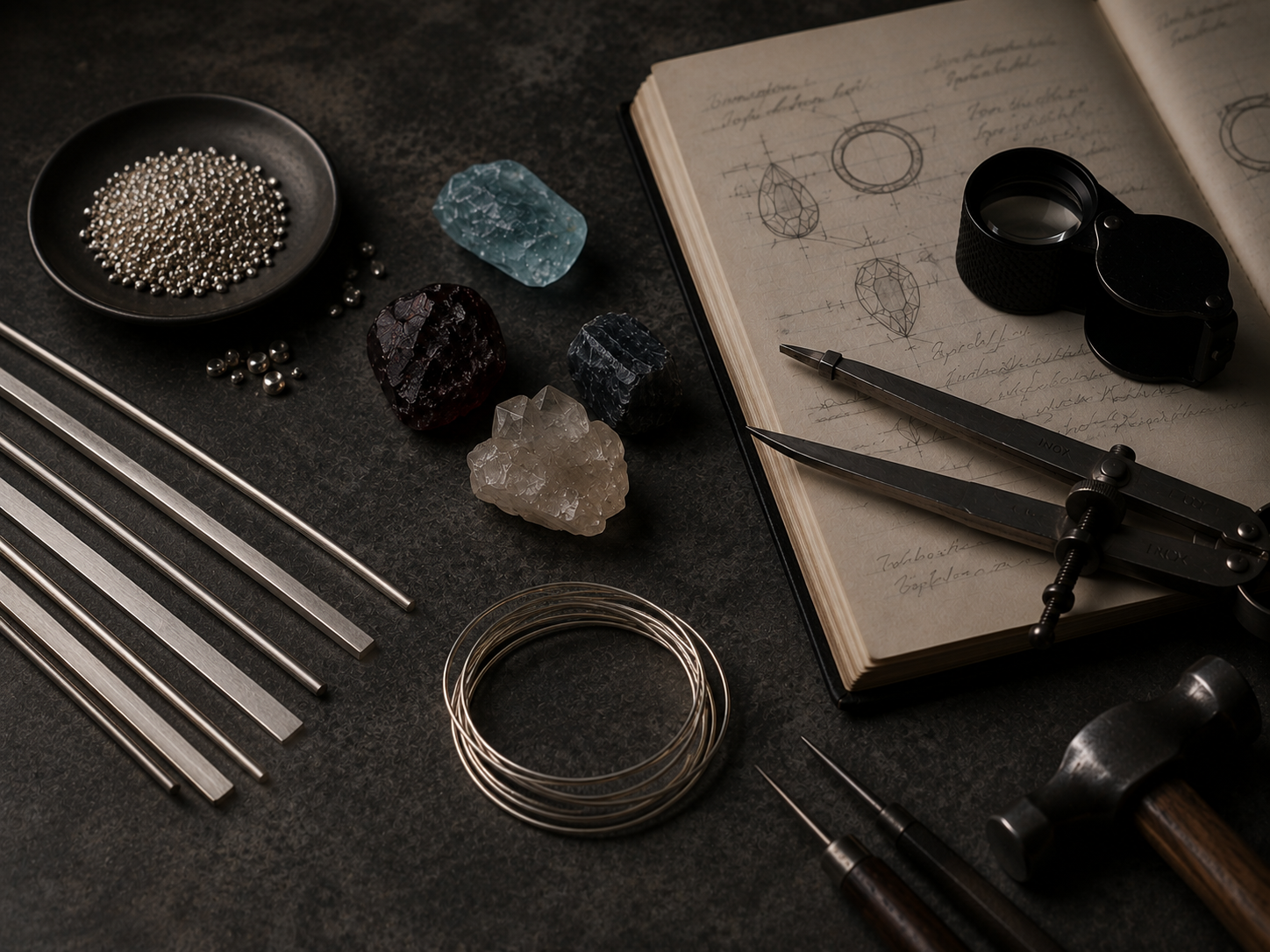 Jewelry-making tools, sterling silver and gemstones and materials on a dark surface with an open notebook.