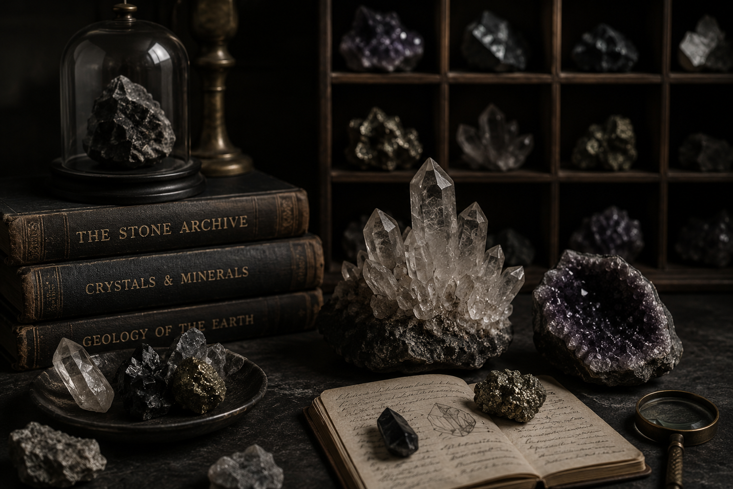 Reference collection of crystals and minerals displayed alongside books and geological notes
